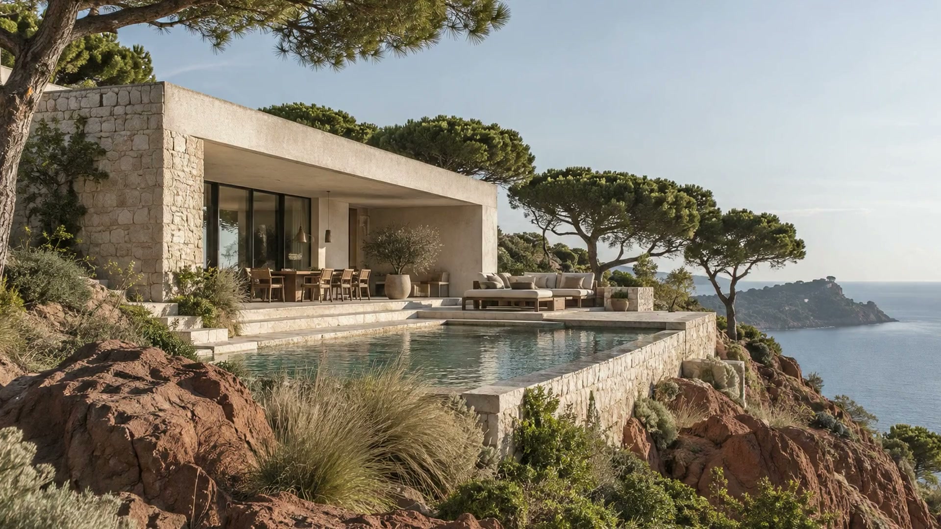 Le Belvédère : une villa de pierre claire ouverte sur la Méditerranée.